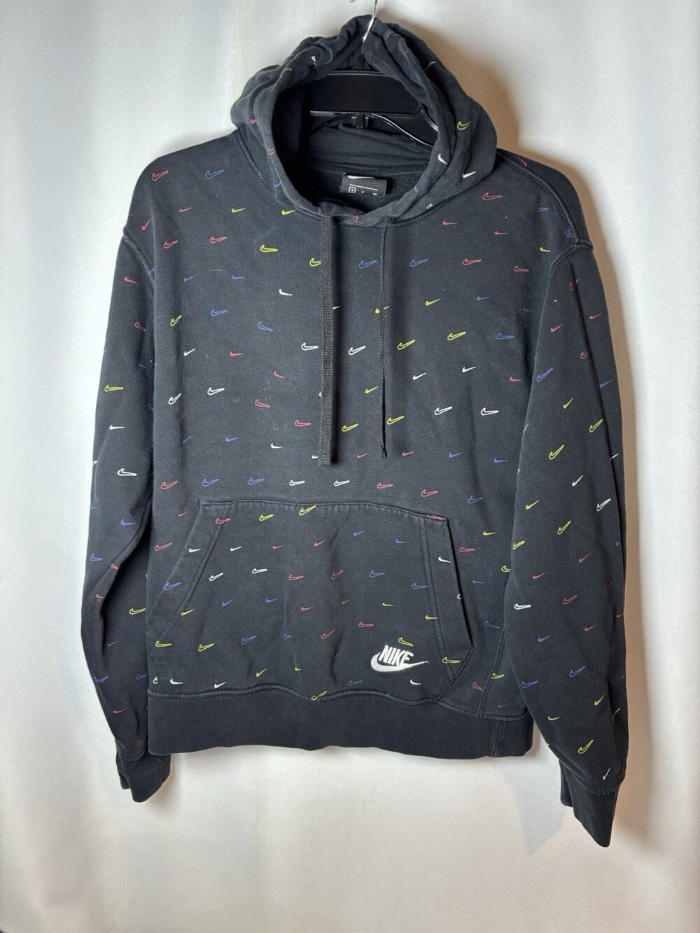 Nike Hoodie Mens S Black Multicolor Swoosh Pullover Y2K Hoodie